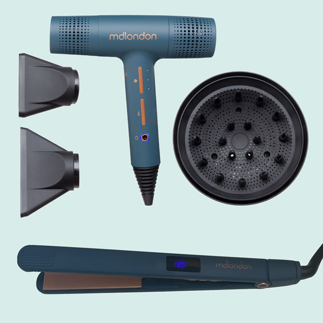 MD London BLOW Hair Dryer, STRAIT Hair Straighteners and Diffuser Package Casal Blue